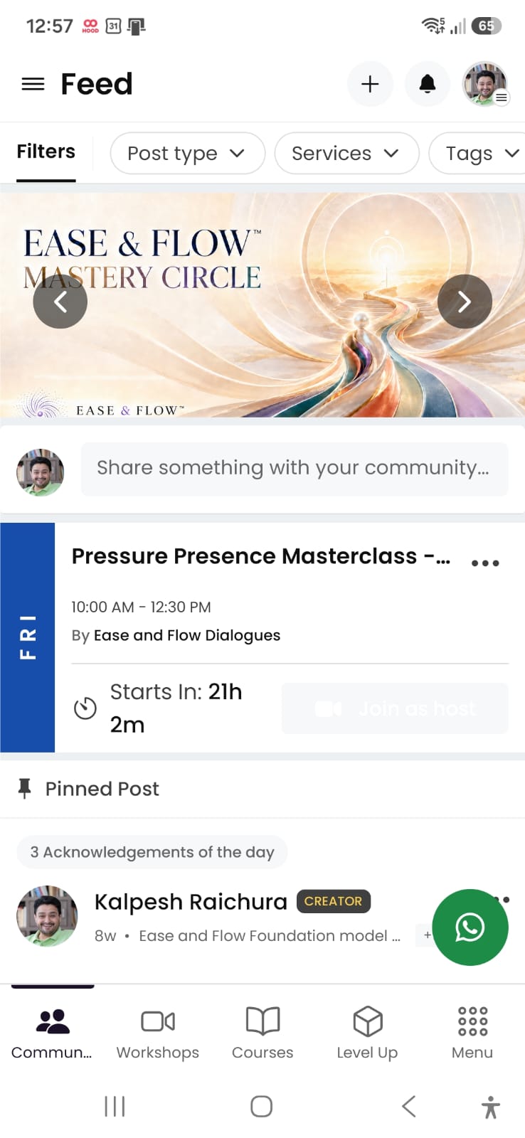 The private cohort home feed in the Ease and Flow Dialogues app